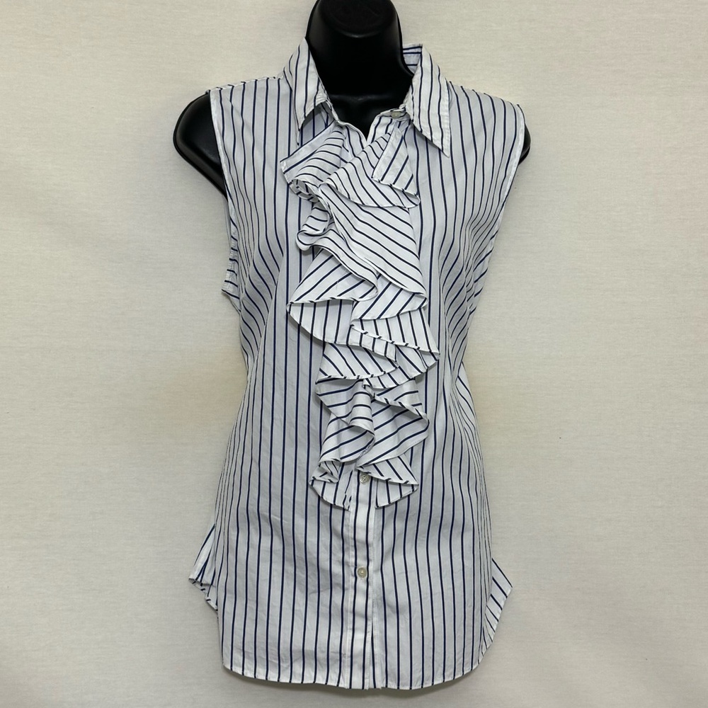 M-71 Lauren Ralph Lauren Ruffled Purple & White Stripe Sleeveless Blouse Size M